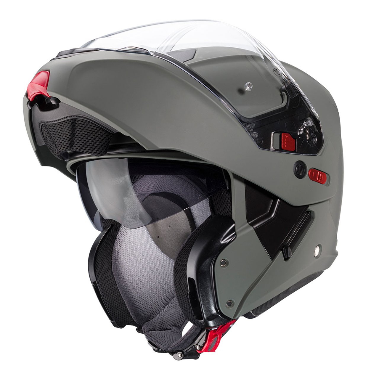 Horus-X-Matt-Grey-Kamo-3-4-open Caberg Horus X modular helmet in matte grey with Kamo graphics, three-quarter view with the chin guard open, modern design with a transparent visor.