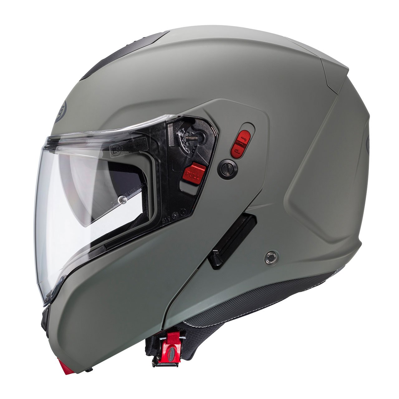 profile Caberg Horus X modular helmet in matte grey with Kamo graphics, side view, modern design with a transparent visor.