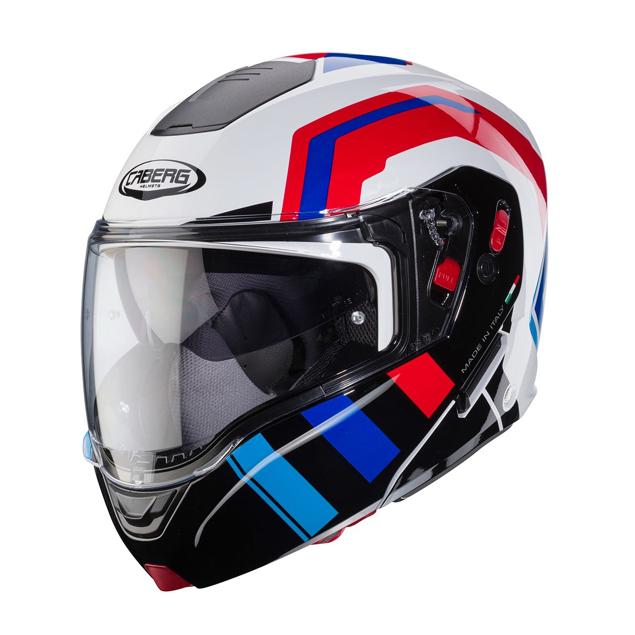TREQUARTI Casco modulare Caberg Horus X Road bianco, rosso, blu e azzurro, vista a tre quarti, design accattivante con visiera panoramica trasparente.