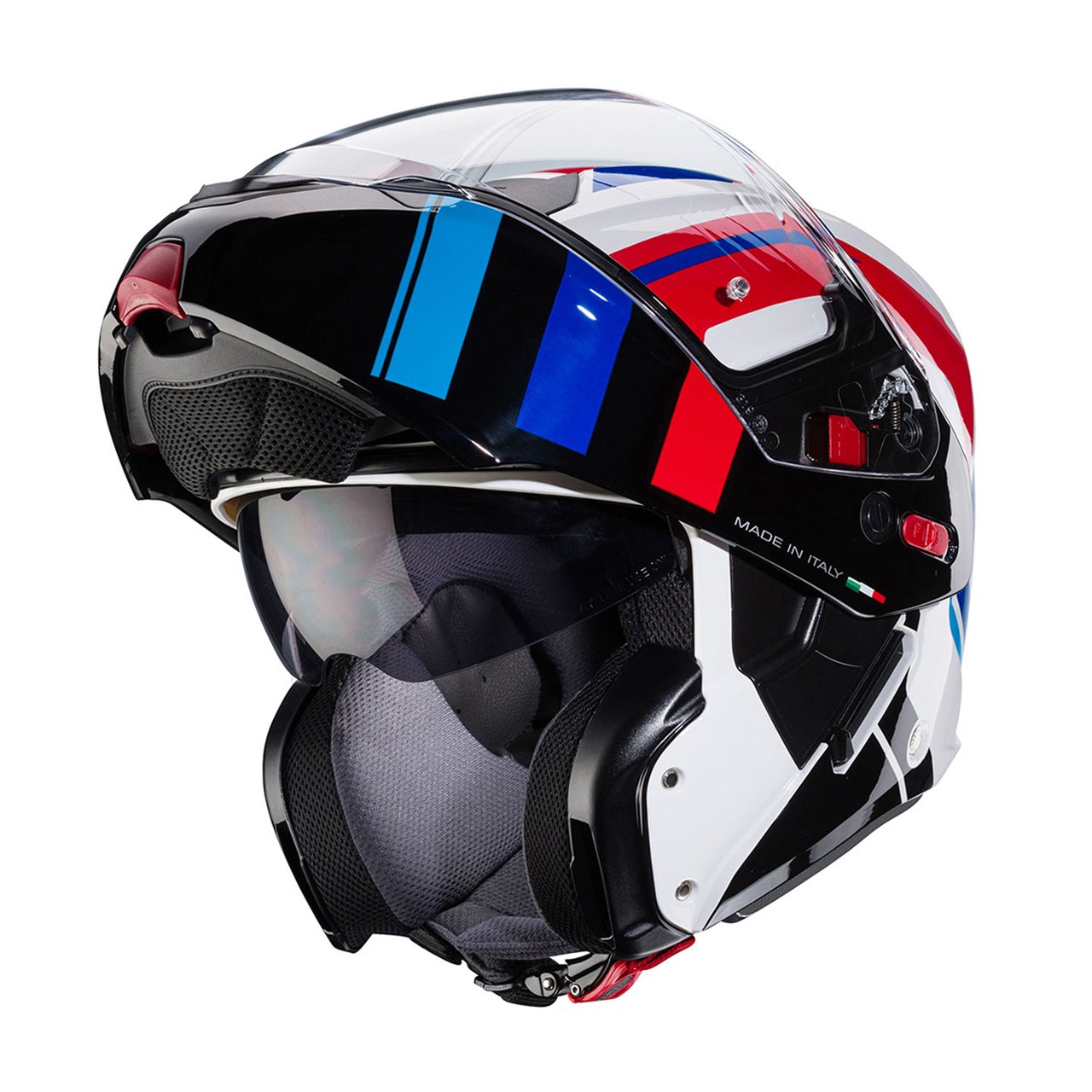 Horus-X-Road-White-Red-Blue-Light-Blue-3-4-open Casco modulare Caberg Horus X Road bianco, rosso, blu e azzurro, vista a tre quarti con mentoniera aperta, design accattivante con visiera panoramica trasparente.