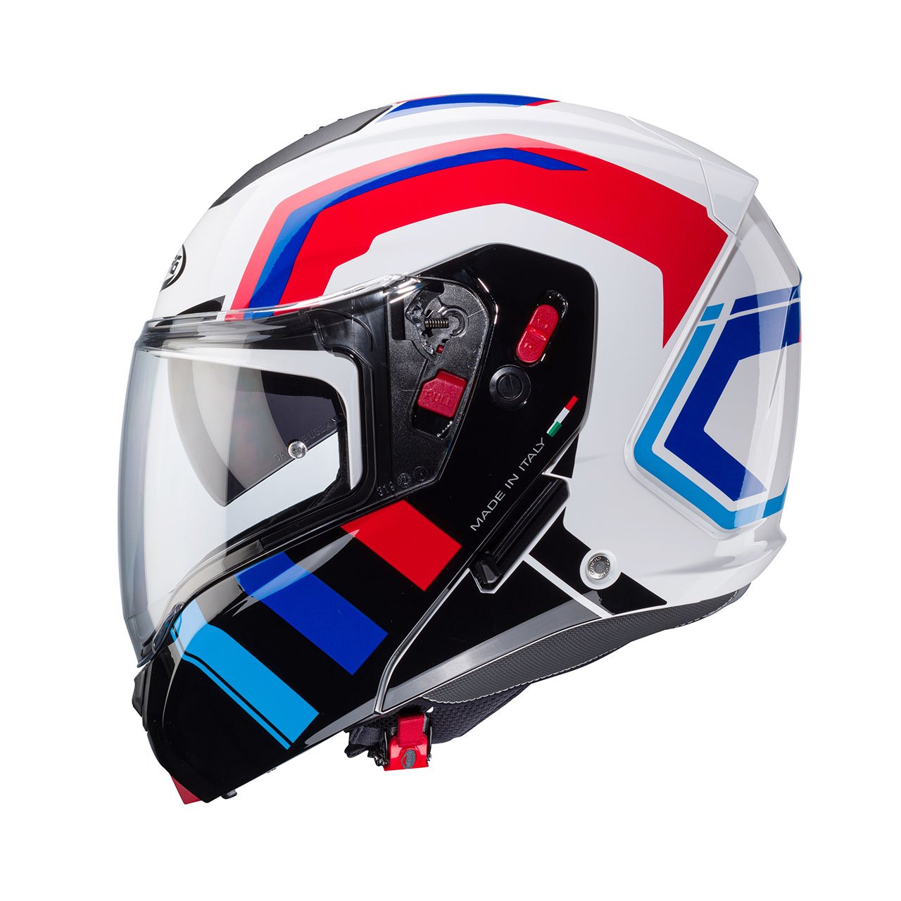 PROFILO Casco modulare Caberg Horus X Road bianco, rosso, blu e azzurro, vista laterale, design accattivante con visiera panoramica trasparente.