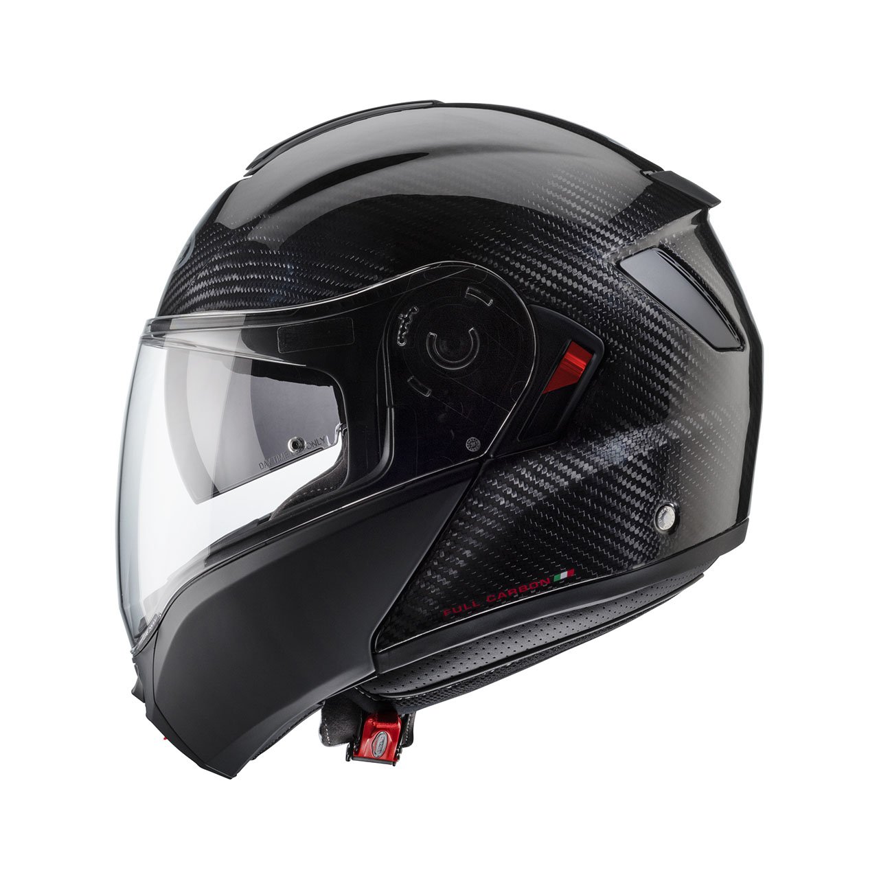 Caberg Levo X Carbon modular helmet, side view, carbon fiber design with clear visor.