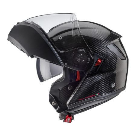 Levo-X-Carbon-profile-open Casco modulare Caberg Levo X Carbon, vista laterale con mentoniera aperta, design in fibra di carbonio con visiera trasparente.