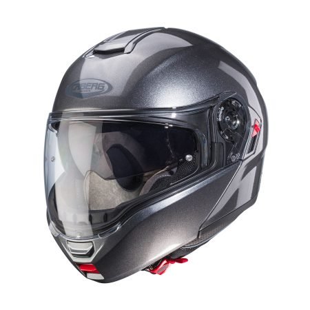 THREE - QUARTER Caberg Levo X modular helmet in metallic grey, three-quarter view, modern design with clear visor.