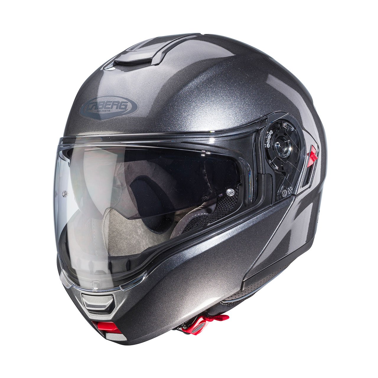 Caberg Levo X modular helmet in metallic grey, three-quarter view, modern design with clear visor.