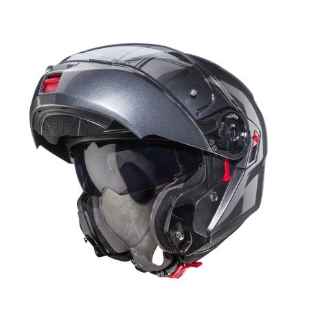 Levo-X-Grey-Metal-3-4-open Caberg Levo X modular helmet in metallic grey, three-quarter view with chin guard open, modern design with clear visor.