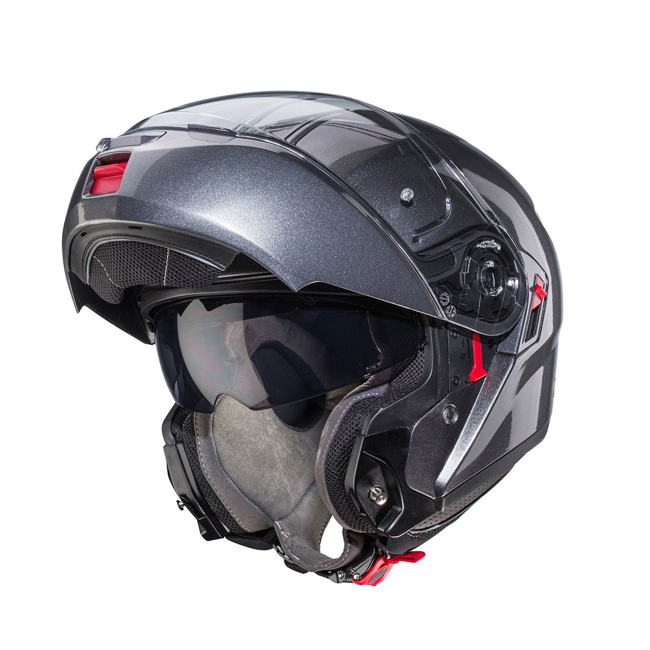Caberg Levo X modular helmet in metallic grey, three-quarter view with chin guard open, modern design with clear visor.