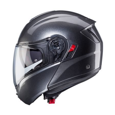 PROFILE Caberg Levo X modular helmet in metallic grey, side view, modern design with clear visor.