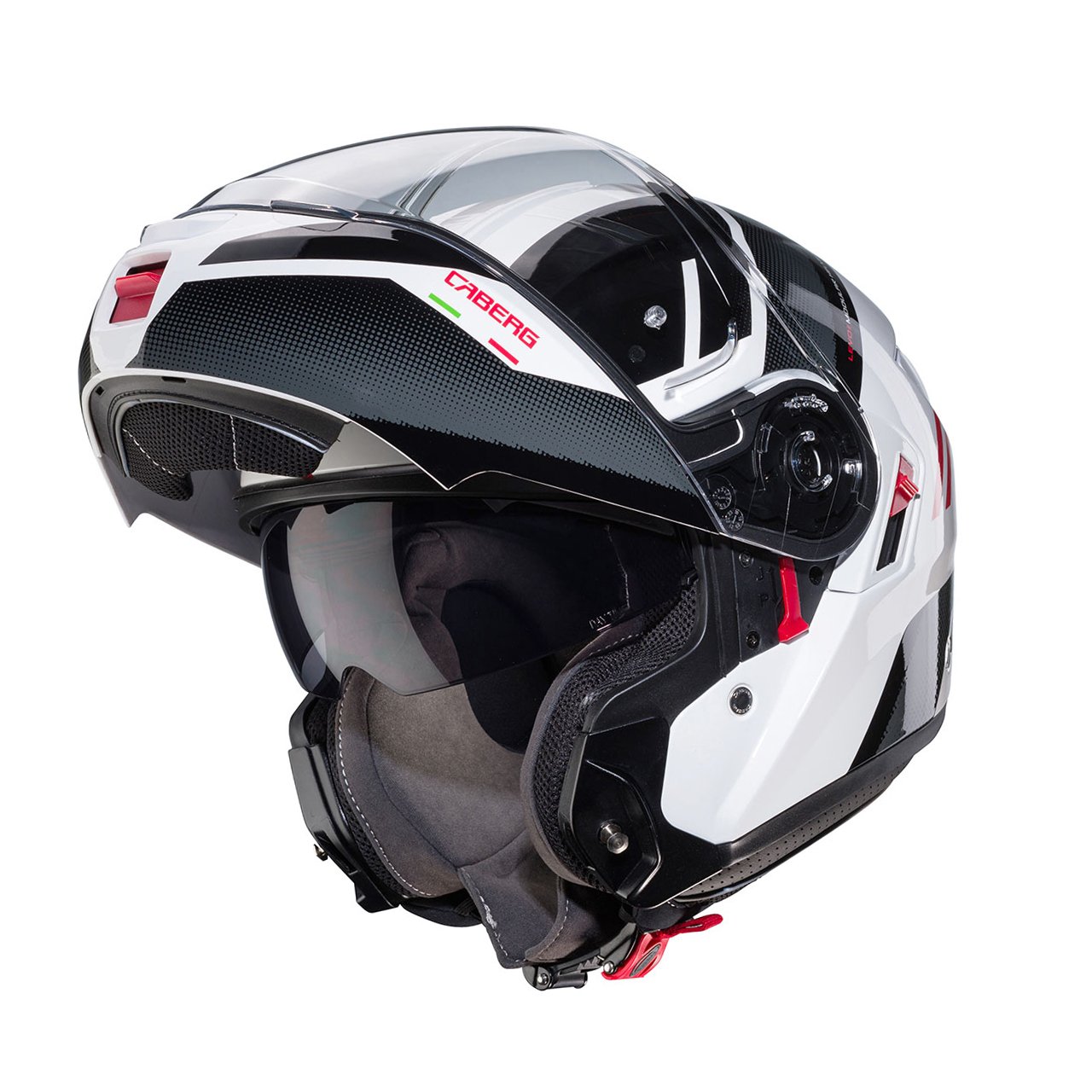 Caberg Levo X Manta White, Anthracite, and Red Modular Helmet, three-quarter view with chin guard open, sporty design with a clear visor.