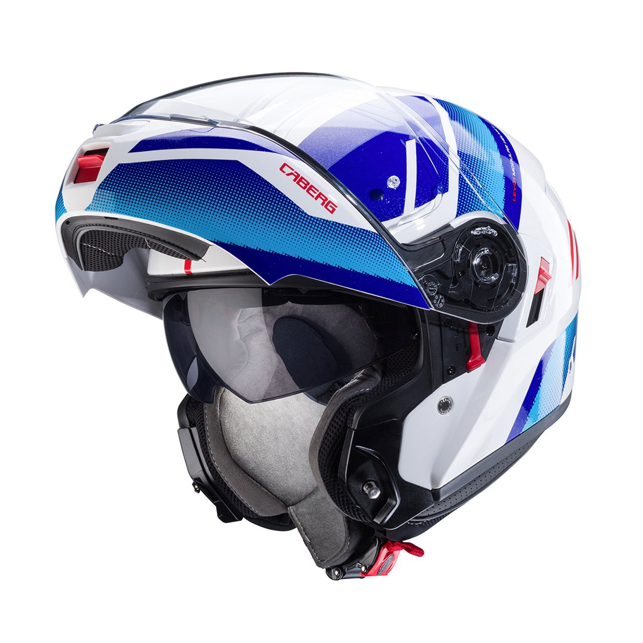 Caberg Levo X Manta modular helmet in white, blue, and red, three-quarter view with chin guard open, sporty design with clear visor.