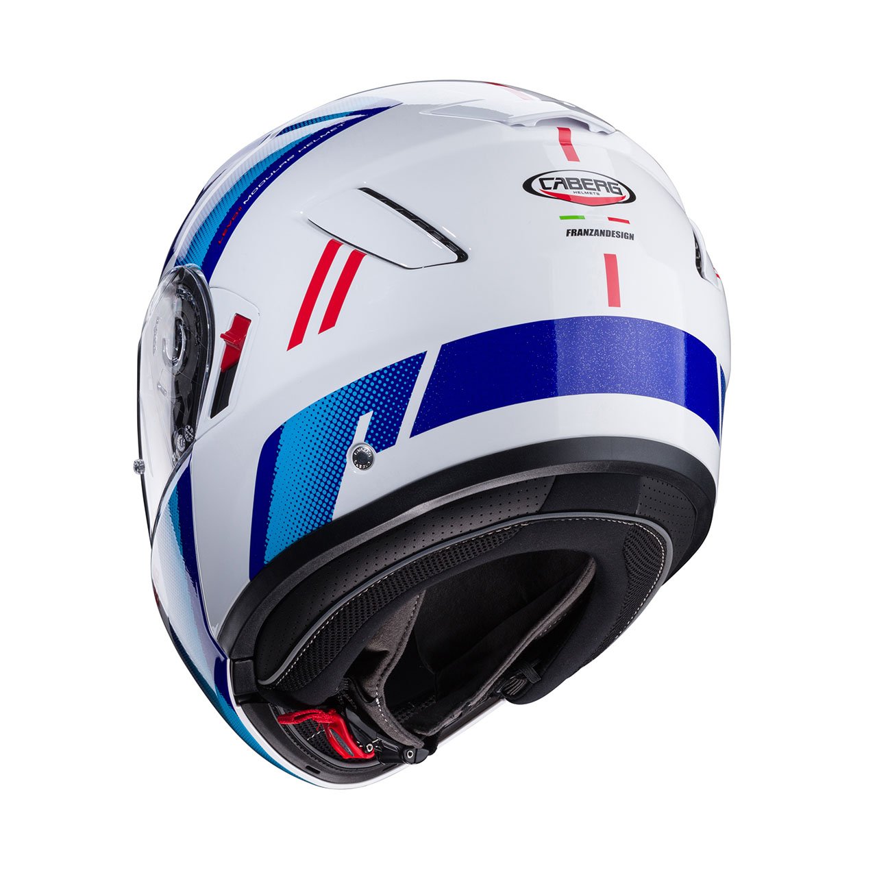 Caberg Levo X Manta modular helmet in white, blue, and red, rear view, sporty design with clear visor.