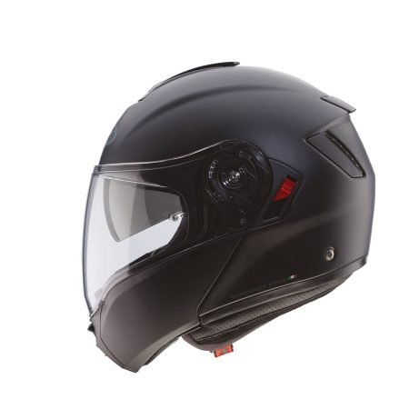 LAT Casco modulare Caberg Levo X nero opaco, vista laterale, design sobrio con visiera trasparente.