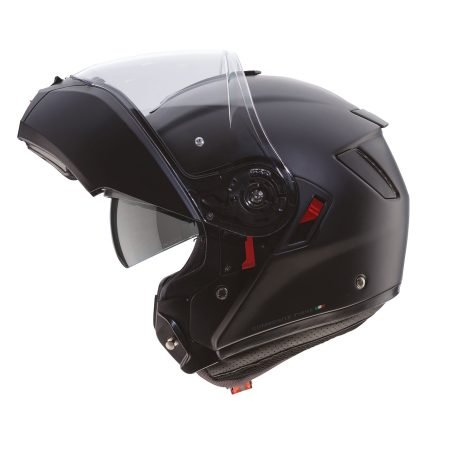 LAT Casco modulare Caberg Levo X nero opaco, vista laterale con mentoniera aperta, design sobrio con visiera trasparente.