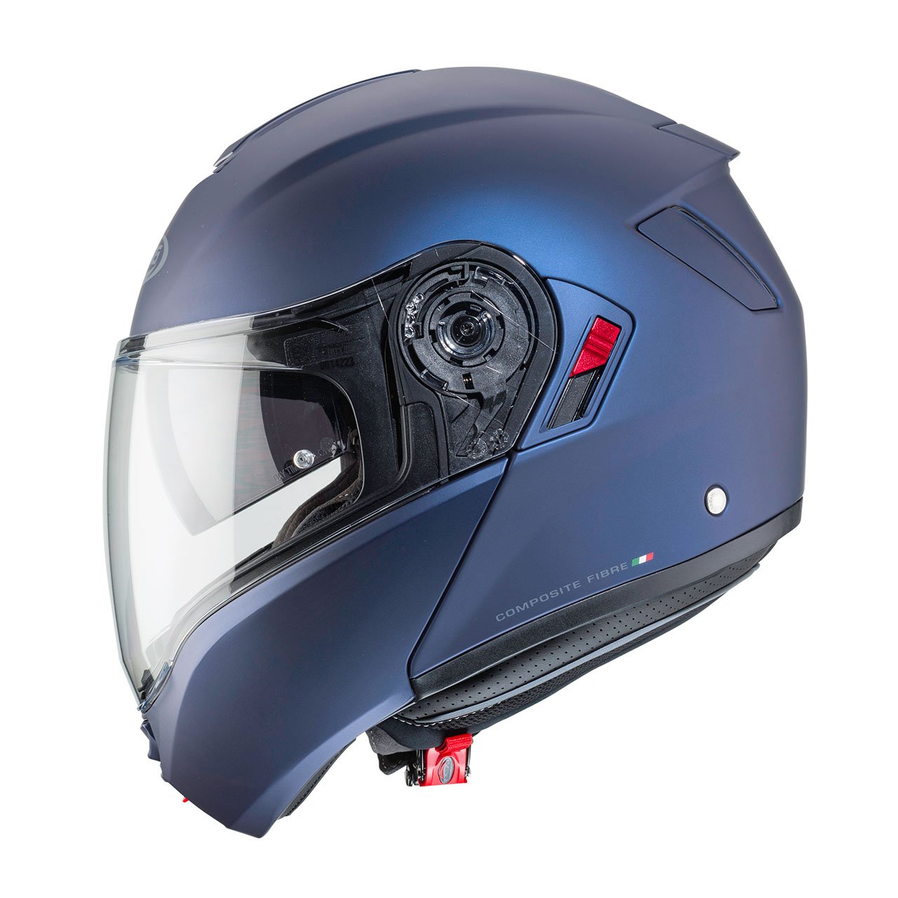 Caberg Levo X modular helmet in Matt Yama Blue, side view, sporty design with clear visor.