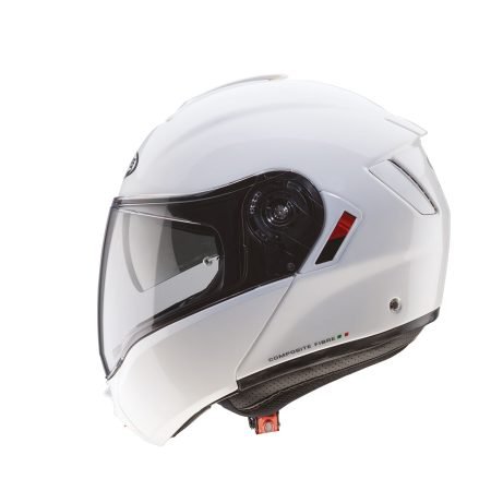 LAT Casco modulare Caberg Levo X bianco e metallo, vista laterale, design elegante con visiera trasparente.