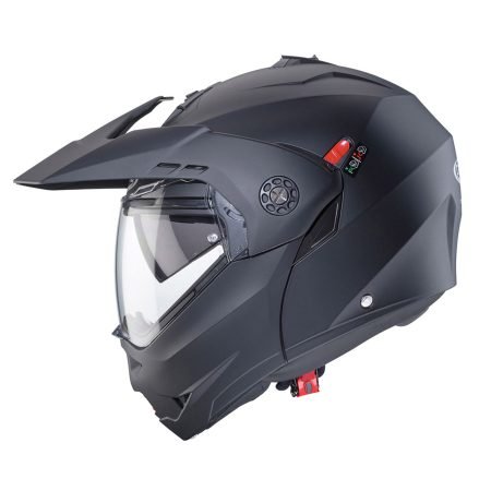 Tourmax-X-Matt-Black-profile Casco modulare Caberg Tourmax X nero opaco, vista laterale, design sobrio con visiera trasparente.