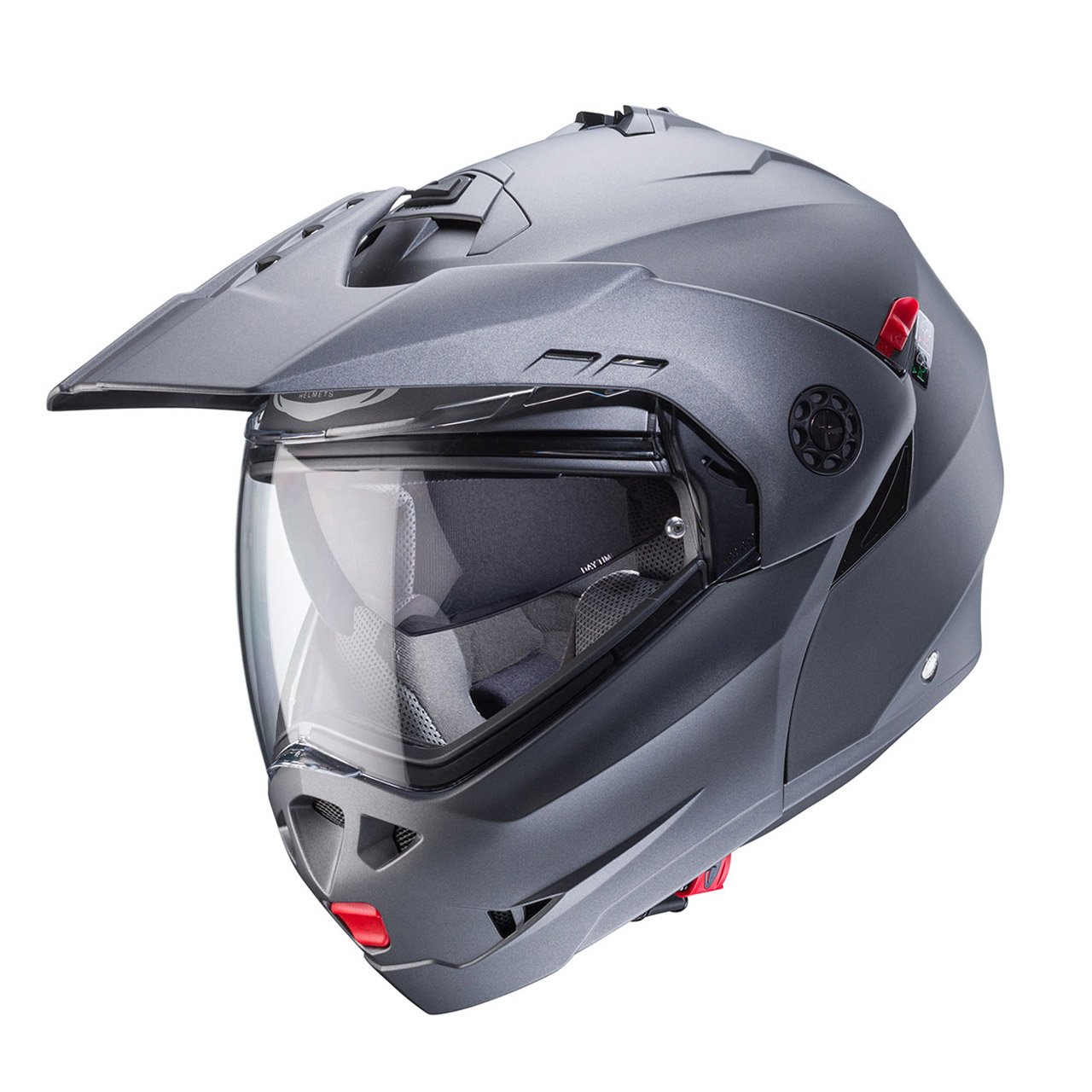 Tourmax-X-Matt-Gun-Metal-3-4 Caberg Tourmax X modular helmet in matte metallic grey, three-quarter view, modern design with clear visor.