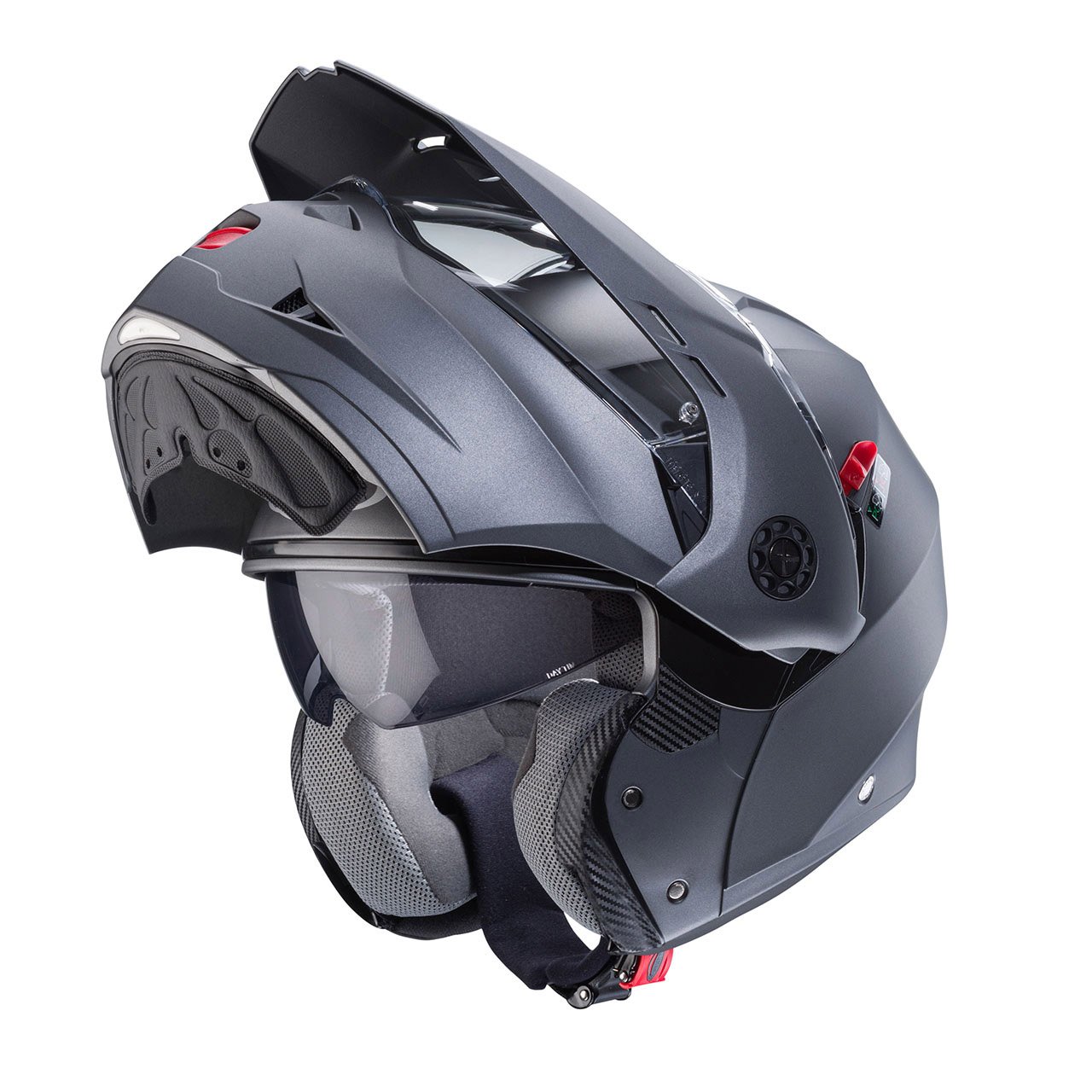 Tourmax-X-Matt-Gun-Metal-3-4-open Caberg Tourmax X modular helmet in matte metallic grey, three-quarter view with chin guard open, modern design with clear visor.
