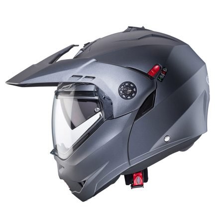 Tourmax-X-Matt-Gun-Metal-profile Caberg Tourmax X modular helmet in matte metallic grey, side view, modern design with clear visor.
