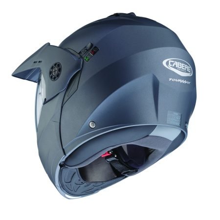 Back Caberg Tourmax X modular helmet in matte metallic grey, rear view, modern design with clear visor.