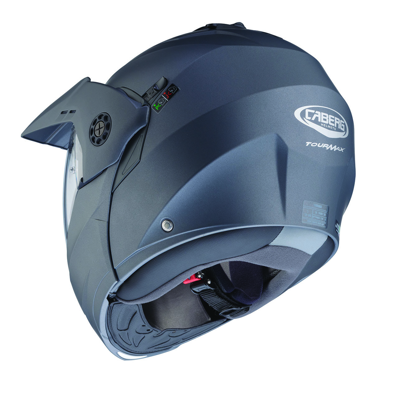 Back Caberg Tourmax X modular helmet in matte metallic grey, rear view, modern design with clear visor.