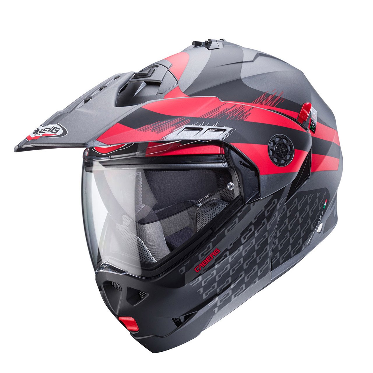 Tourmax-X-Sarabe-Matt-Gun-Metal-Black-Red-3-4 Casco modulare Caberg Tourmax X Sarabe nero opaco, metallizzato grigio e rosso, vista a tre quarti, design sportivo con visiera trasparente.