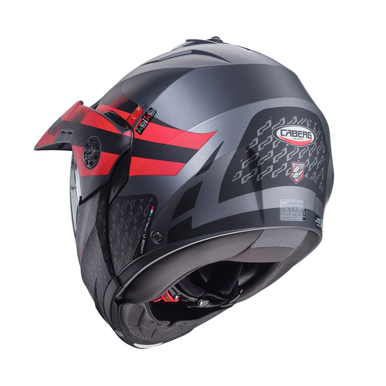Tourmax-X-Sarabe-Matt-Gun-Metal-Black-Red-rear Casco modulare Caberg Tourmax X Sarabe nero opaco, metallizzato grigio e rosso, vista posteriore, design sportivo con visiera trasparente.