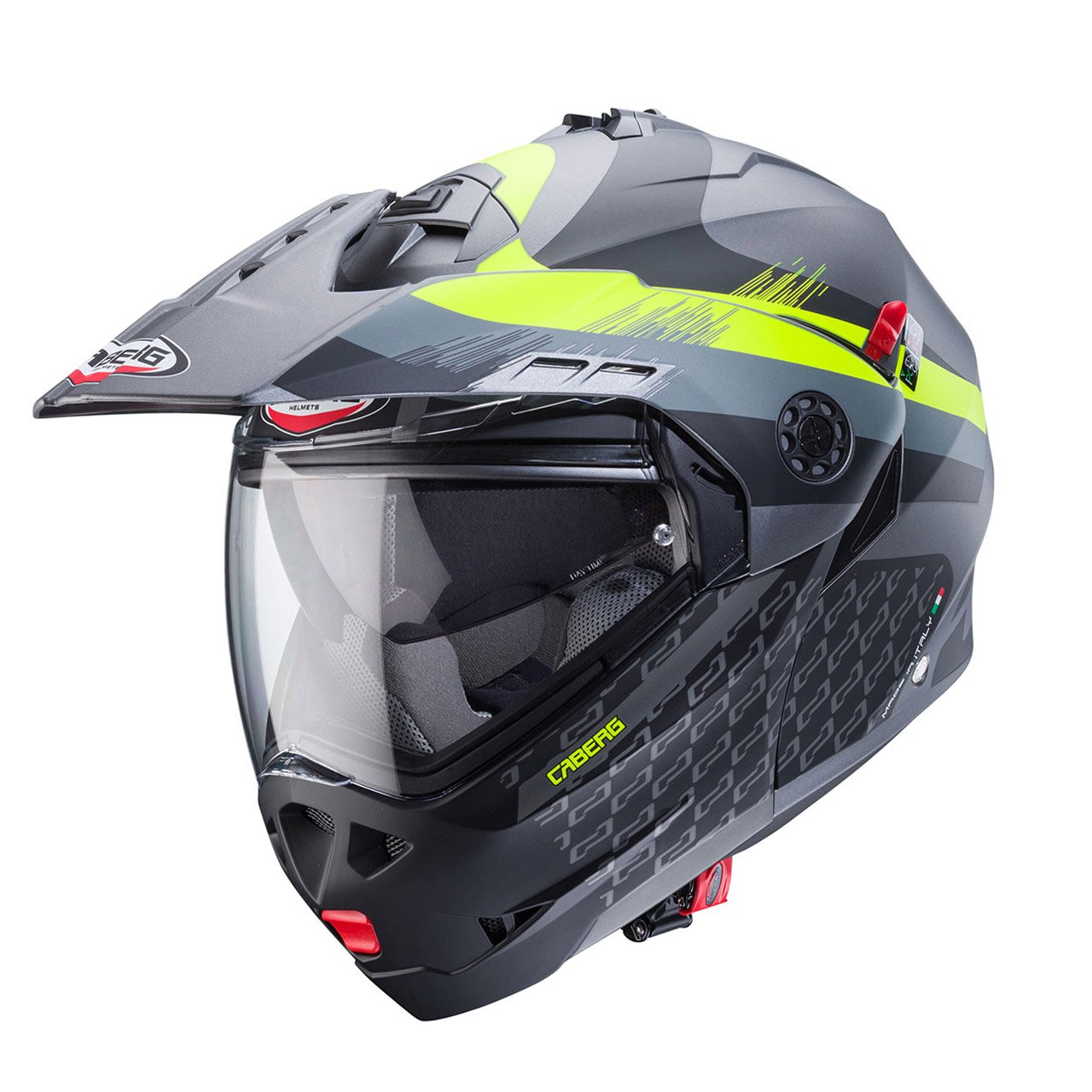 Caberg Tourmax X Sarabe modular helmet in matte black, metallic grey, and fluo yellow, three-quarter view, eye-catching design with clear visor.