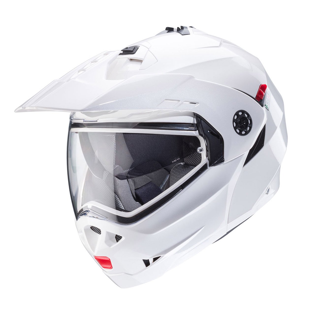 Caberg Tourmax X modular helmet in white and metallic finish, three-quarter view, elegant design with clear visor.