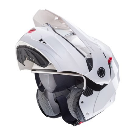 Tourmax-X-White-Metal-3-4-open Caberg Tourmax X modular helmet in white and metallic finish, three-quarter view with chin guard open, elegant design with clear visor.