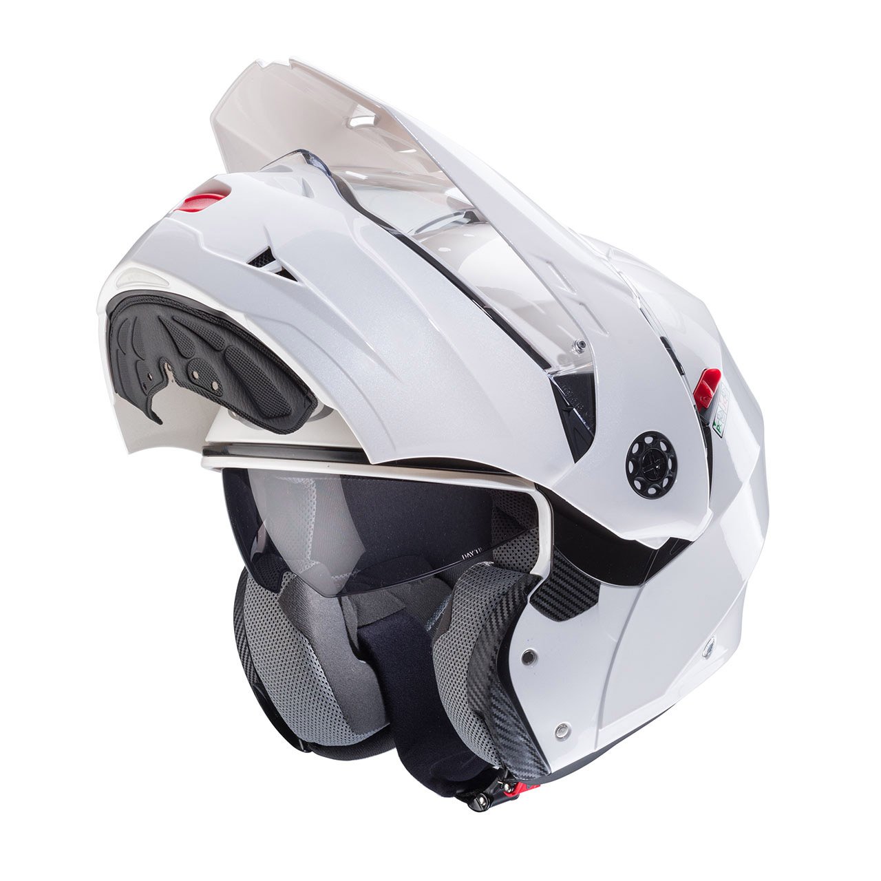 Caberg Tourmax X modular helmet in white and metallic finish, three-quarter view with chin guard open, elegant design with clear visor.