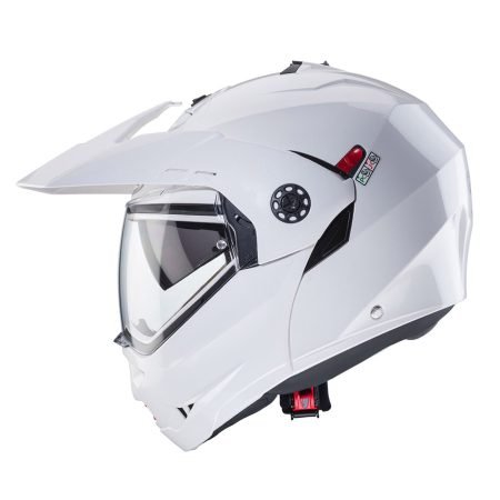 Tourmax-X-White-Metal-profile Caberg Tourmax X modular helmet in white and metallic finish, side view, elegant design with clear visor.