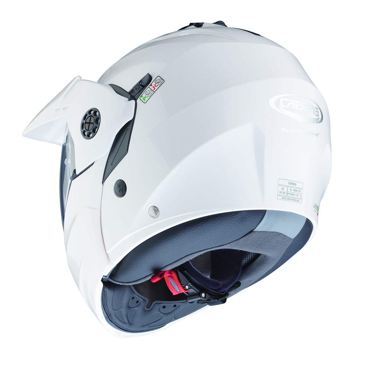 Caberg Tourmax X modular helmet in white and metallic finish, rear view, elegant design with clear visor.