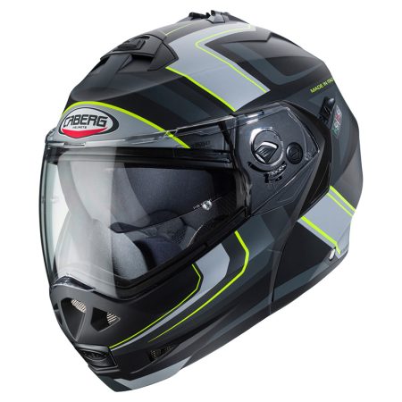 duke-2-tour-3-4 Casco modulare Caberg Duke 2 Tour aperto con mentoniera sollevata, finitura nero/grigio/giallo fluo, vista laterale tre quarti