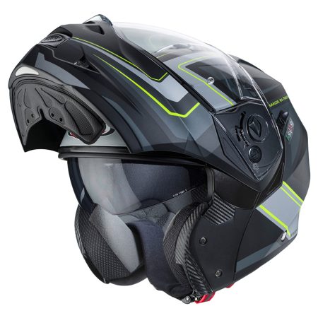 duke-2-tour-3-4-open Casco modulare Caberg Duke 2 Tour aperto con mentoniera sollevata, finitura nero/grigio/giallo fluo, vista laterale tre quarti