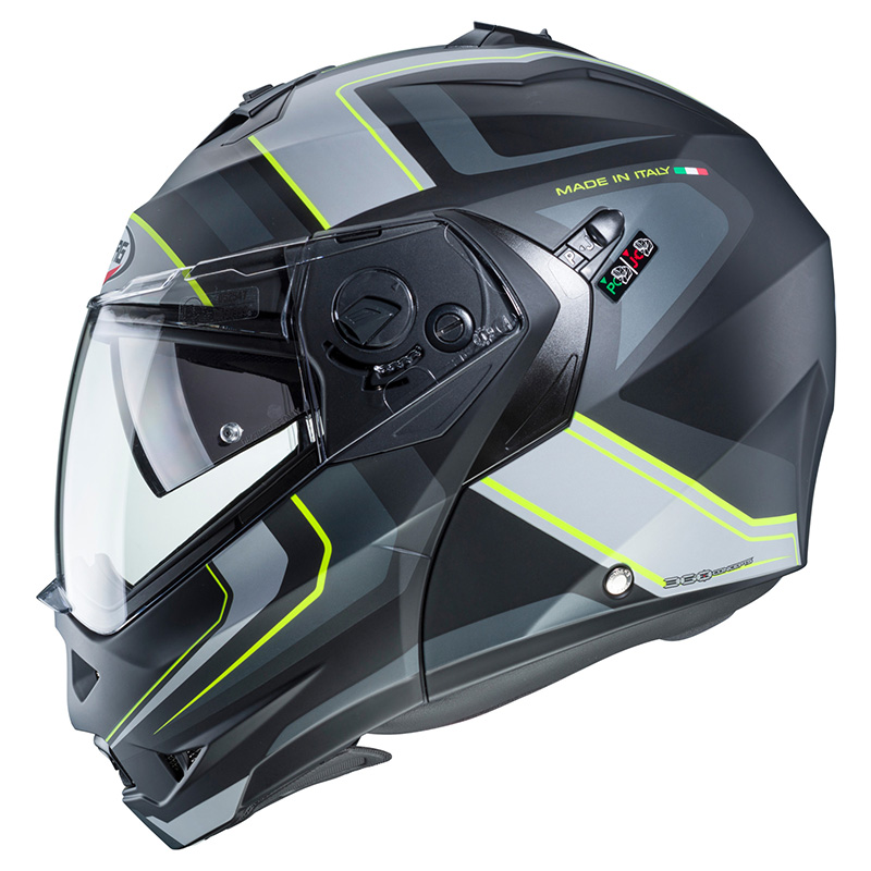 Casco modulare Caberg Duke 2 Tour con mentoniera abbassata, finitura nero/grigio/giallo fluo, vista laterale