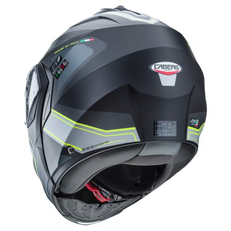 duke-2-tour-rear Casco modulare Caberg Duke 2 Tour con mentoniera abbassata, finitura nero/grigio/giallo fluo, vista posteriore