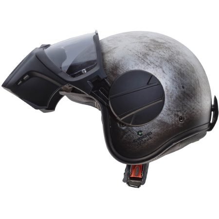 ghost-iron-4 Casco integrale Caberg Ghost Iron, vista laterale con visiera alzata trasparente, design robustoe colore acciaio rovinato