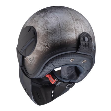 ghost-iron-5 Casco integrale Caberg Ghost Iron, vista posteriore, design robusto, colore acciaio rovinato, con visiera trasparente.