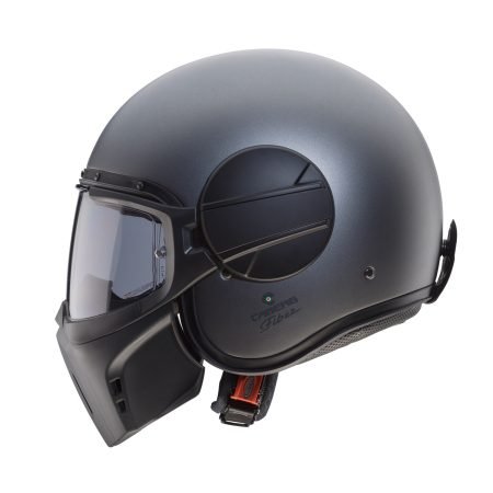 Casco jet Caberg Ghost X antracite opaco, vista laterale verso sinistra con maschera abbassata