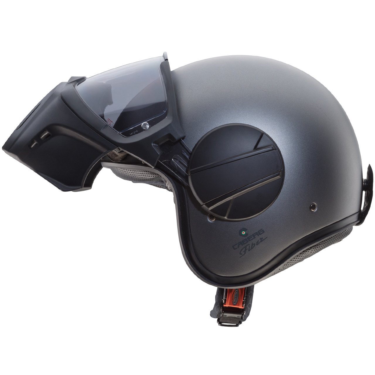 Casco jet Caberg Ghost X antracite opaco, vista laterale verso sinistra con maschera sollevata
