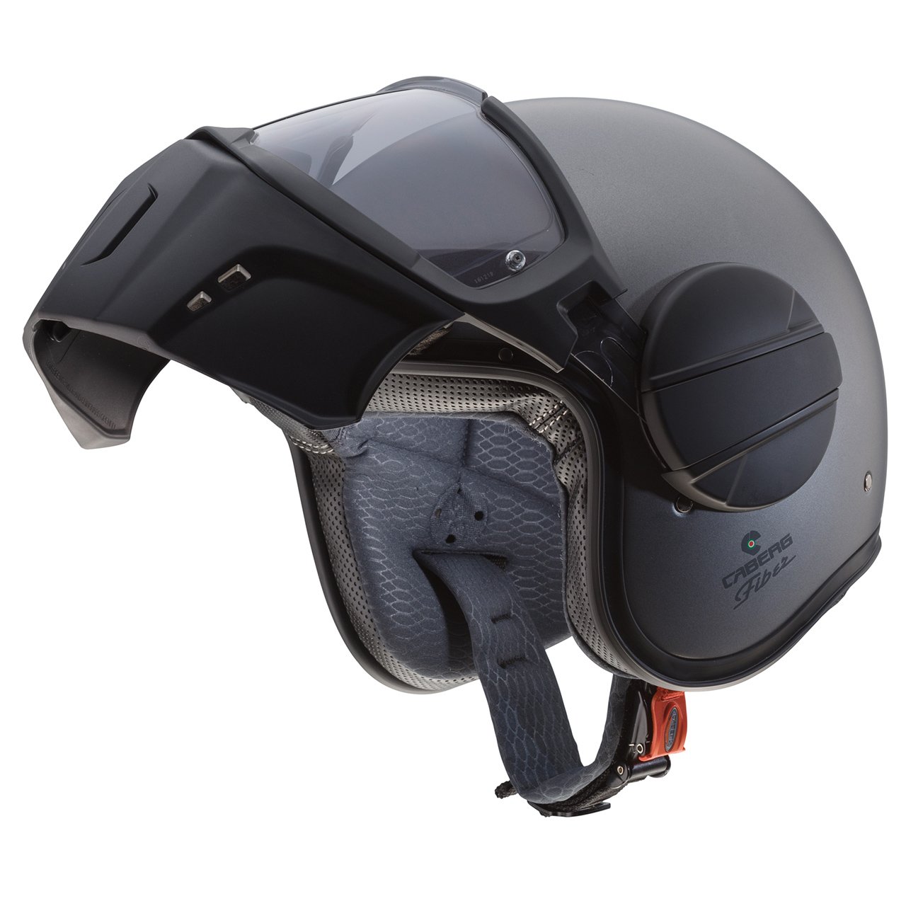 Casco jet Caberg Ghost X antracite opaco, vista a tre quarti verso sinistra con maschera sollevata
