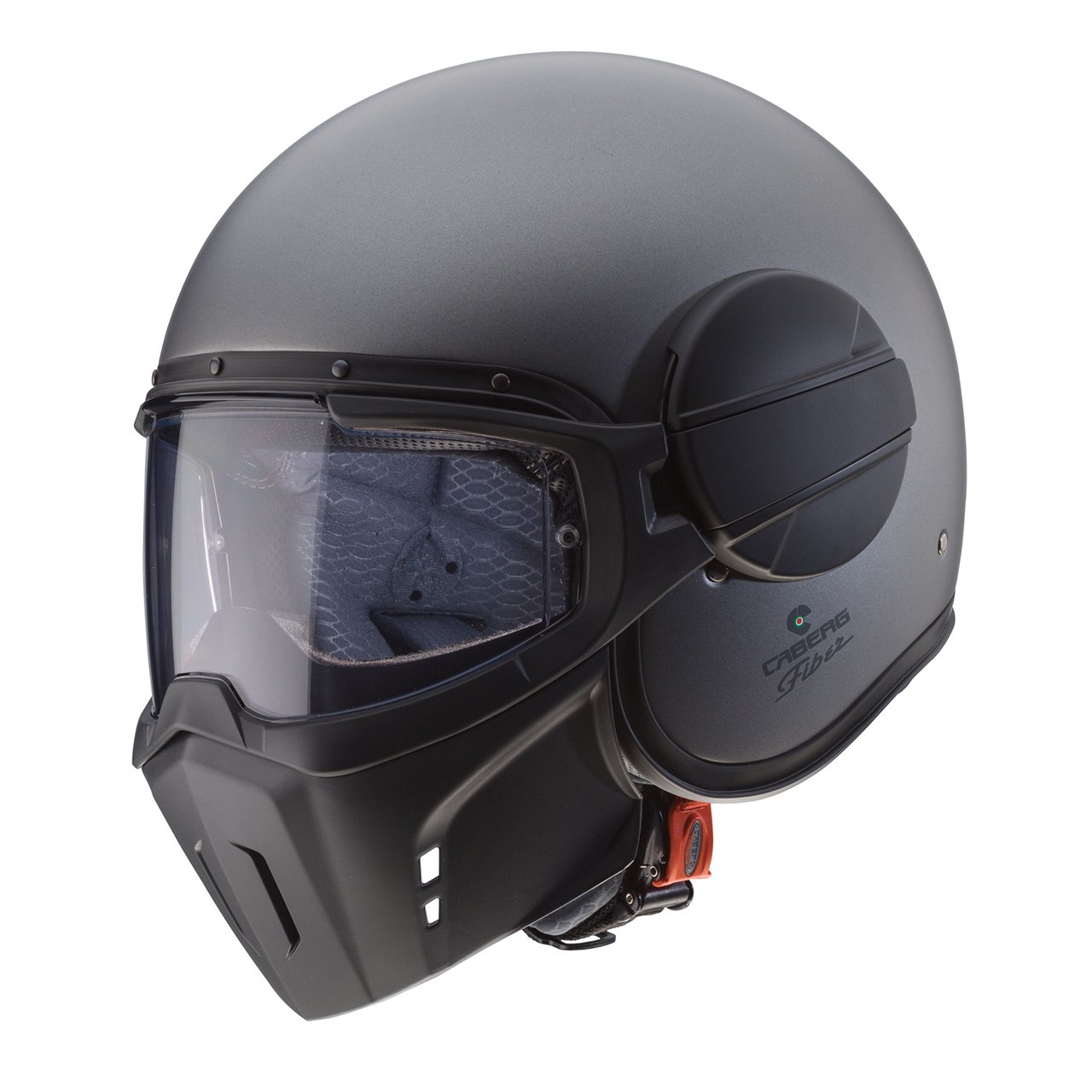 Casco jet Caberg Ghost X antracite opaco, vista a tre quarti verso sinistra con maschera abbassata