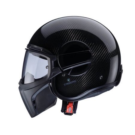 jet-ghost-x-carbon-profile Casco jet Caberg Ghost X Carbon con maschera abbassata, finitura nero carbonio lucido, vista laterale rivolto verso sinistra