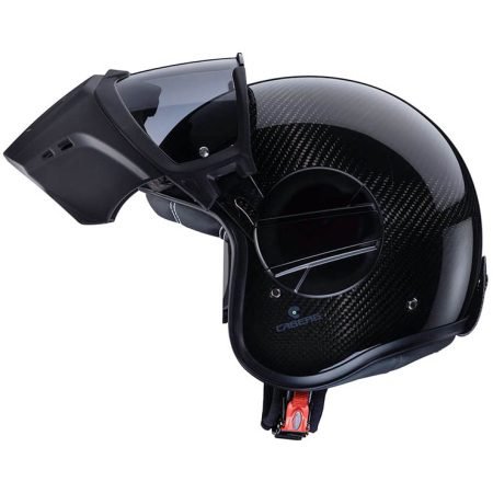 jet-ghost-x-carbon-profile-open Casco jet Caberg Ghost X Carbon con maschera sollevata, finitura nero carbonio lucido, vista laterale rivolto verso sinistra