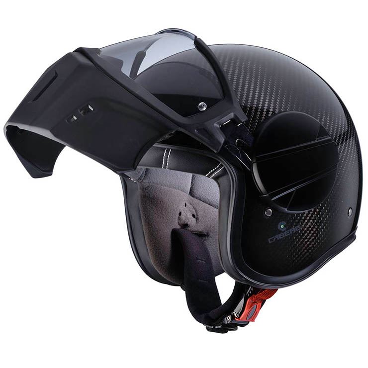 jet-ghost-x-carbon-three-quarter-open Casco jet Caberg Ghost X Carbon con maschera sollevata, finitura nero carbonio lucido, vista tre quarti