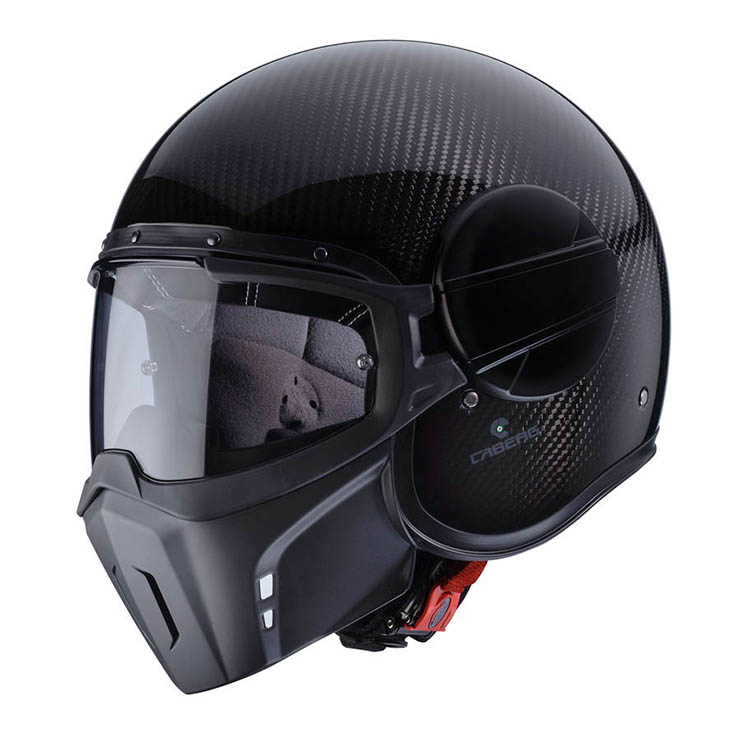 jet-ghost-x-carbon-three-quarter Casco jet Caberg Ghost X Carbon con maschera abbassata, finitura nero carbonio lucido, vista laterale rivolto verso sinistra