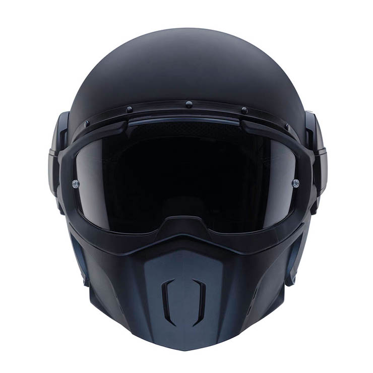 Casco jet Caberg Ghost X nero opaco, vista frontale con maschera abbassata