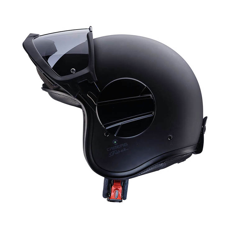Casco jet Caberg Ghost X nero opaco, vista laterale con visiera trasparente alzata e senza maschera