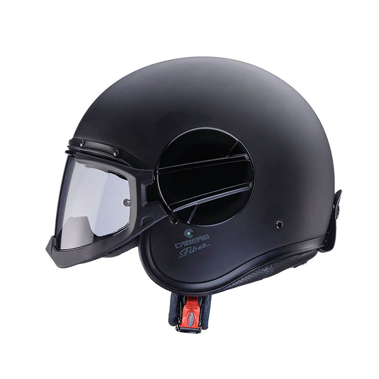 Casco jet Caberg Ghost X nero opaco, vista laterale con visiera trasparente e senza maschera